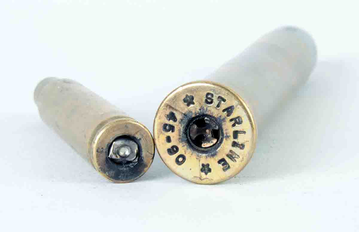 Two misseated primers by handloaders that still ignited when struck by the firing pin: At left is a .222 Remington Magnum with the primer seated sideways. The rifle was damaged slightly. At right is a .45-90 Sharps with its primer seated  upside down. The Sharps breechblock was slightly pitted. In neither case did the cartridges’ powder charges ignite.